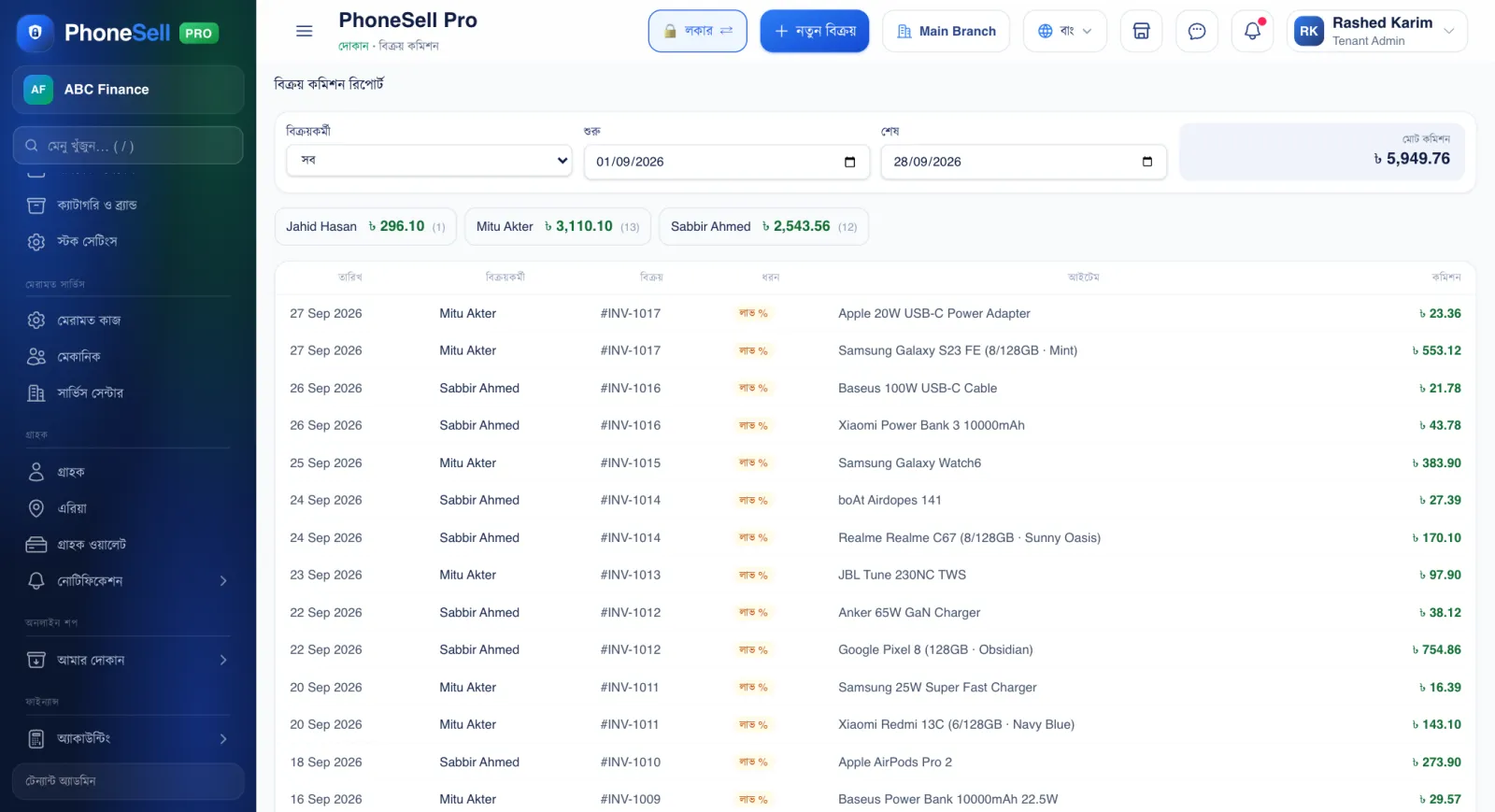 বিক্রয় কমিশন রিপোর্ট — PhoneSell Pro দোকান গাইড